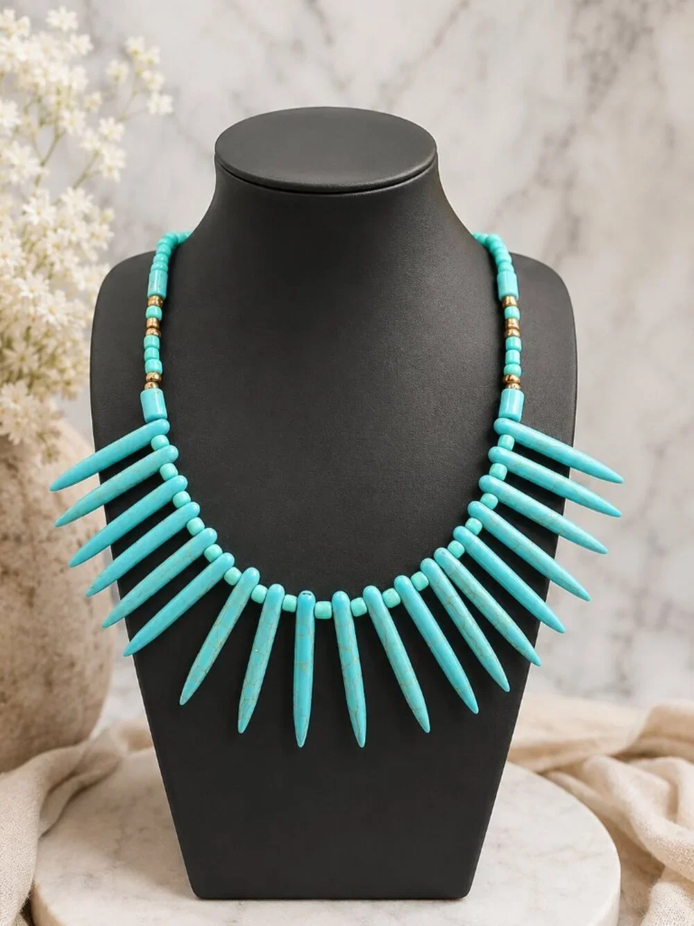 Southwestern Tribal Bib Fashion Jewelry Turquoise Blue Spike Statement Necklace